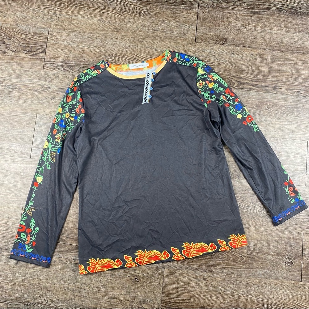 Mislook Shirt Women XL Grey Floral Back Artsy 3 Button Long Sleeve Cotton Blend
